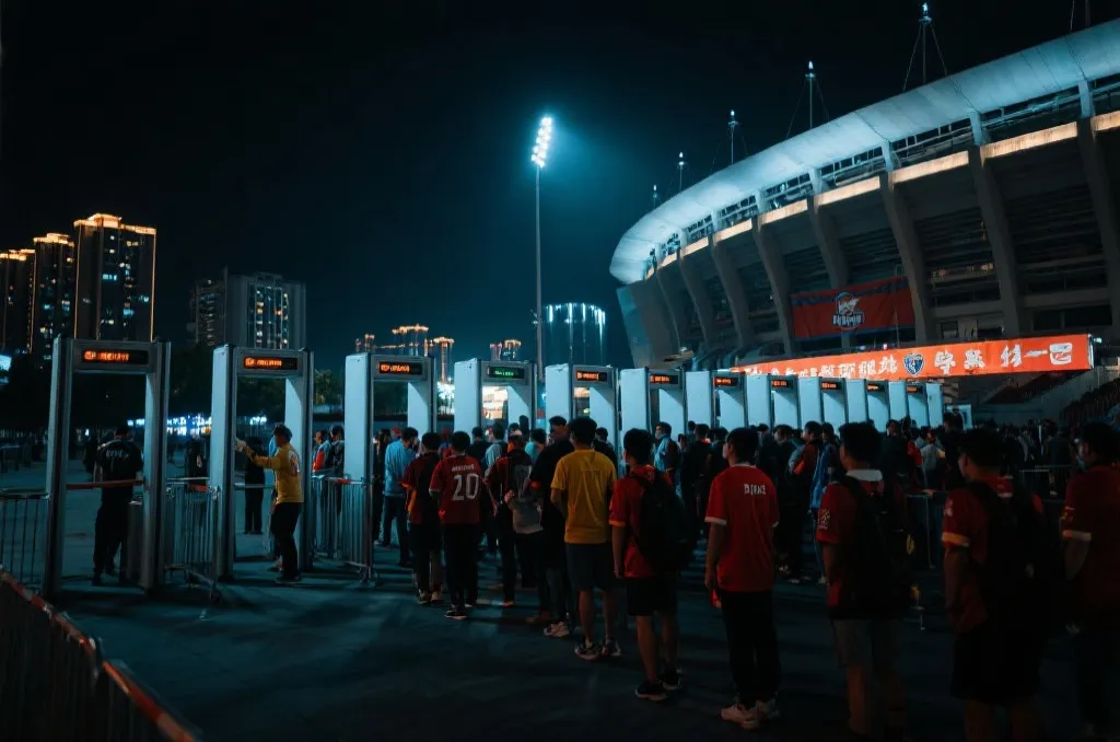 球迷在墨西哥球场外排队入场的夜晚场景